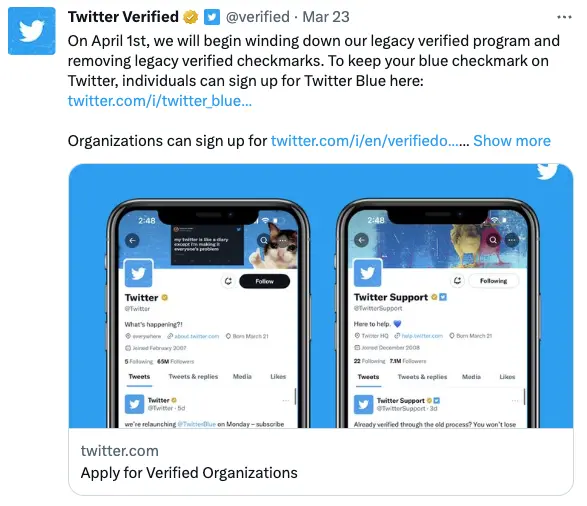 Twitter Announces Final Date to Remove Old Blue Checkmarks