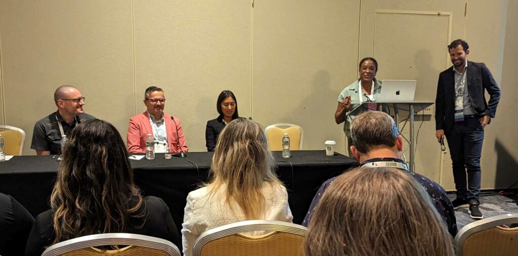 Left to right: panelists John Colucci of BLUEANTENNA, Ernesto Mourelo of Hearst Television, Joanie Vasiliadis of TEGNA; moderators Kristen B. Reed of TEGNA and Andrew Fitzgerald of Hearst Television.