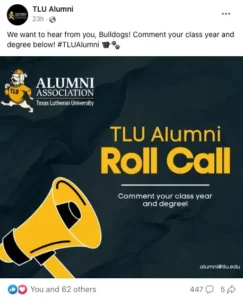 Texas Lutheran University's Alumni page invites former students to engage in simple (but effective) ways.