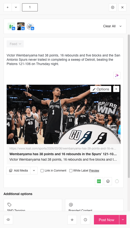 The SND Post Composer with a link attached as a normal link post. The "Link in Comments" checkbox is not checked.
