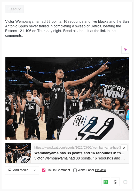 The SND Post Composer with a link attached as a normal link post. The "Link in Comments" checkbox is checked, showing an image and a link preview. A call to action has been added to the post.