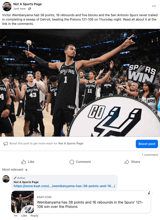 A Facebook image post showing a link in the comments.