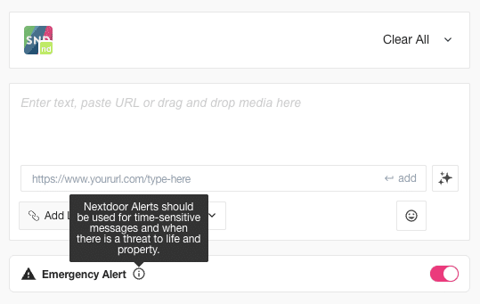 Social News Desk screenshot showing Nextdoor Emergency Alert toggle.