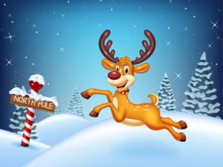 Illustration of Cartoon Christmas background with deer running in the winter time